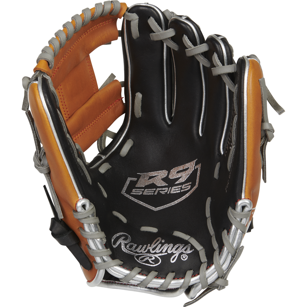 The Rawlings R9 11.25" ContoUR Baseball Glove (R91125U-2BT) features black and orange leather, gray laces, and “R9 SERIES” plus Rawlings logos on the palm—ideal as a youth infield glove, shown open against a white background.