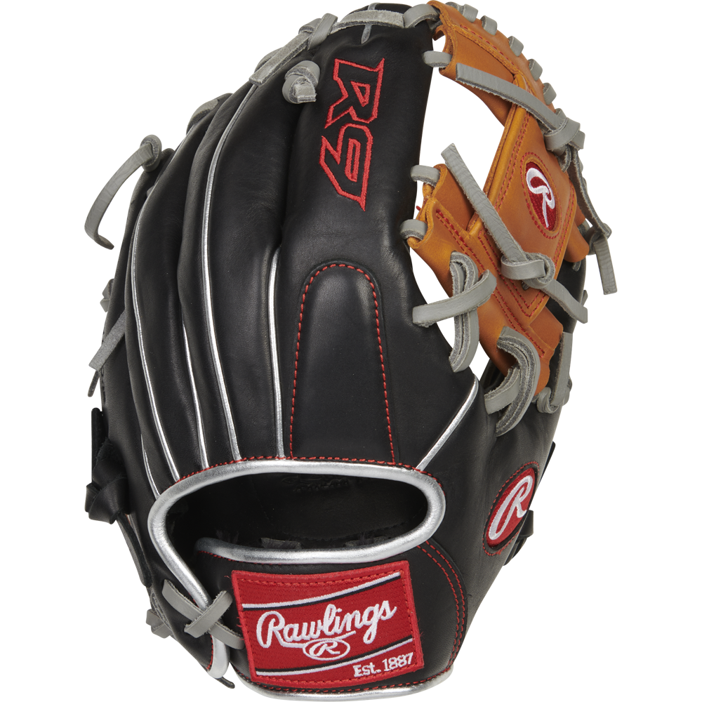The Rawlings R9 11.25" ContoUR Baseball Glove (R91125U-2BT) features black, tan, and red leather with silver trim and visible stitching. This infield glove displays the Rawlings logo and R9 branding.