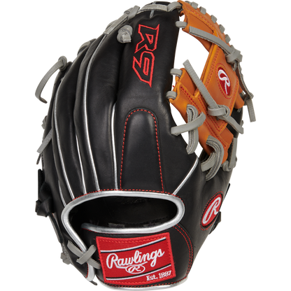 The Rawlings R9 11.25" ContoUR Baseball Glove (R91125U-2BT) features black, tan, and red leather with silver trim and visible stitching. This infield glove displays the Rawlings logo and R9 branding.