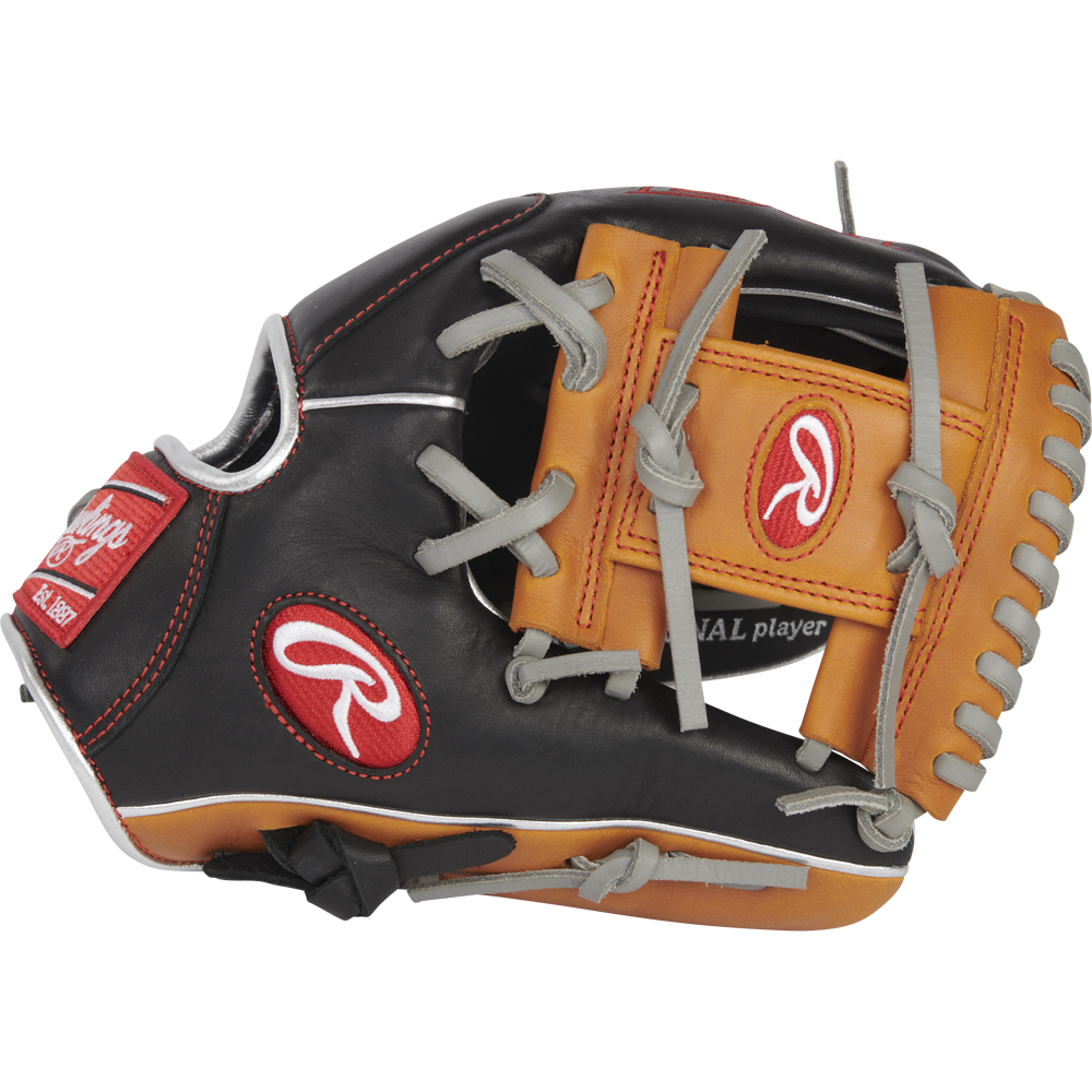 The Rawlings R9 11.25" ContoUR Baseball Glove (R91125U-2BT) features a black and tan design with gray laces, red and white logos, and reinforced stitching—an ideal youth infield glove shown on a plain white background.