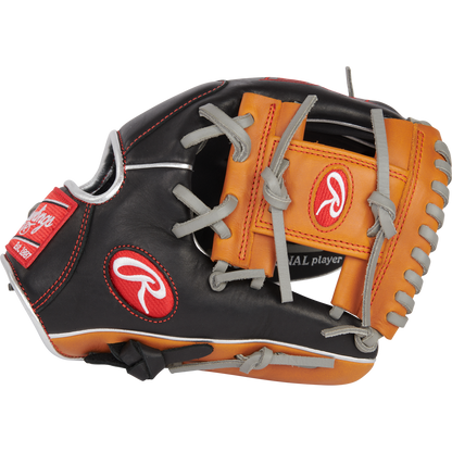 The Rawlings R9 11.25" ContoUR Baseball Glove (R91125U-2BT) features a black and tan design with gray laces, red and white logos, and reinforced stitching—an ideal youth infield glove shown on a plain white background.