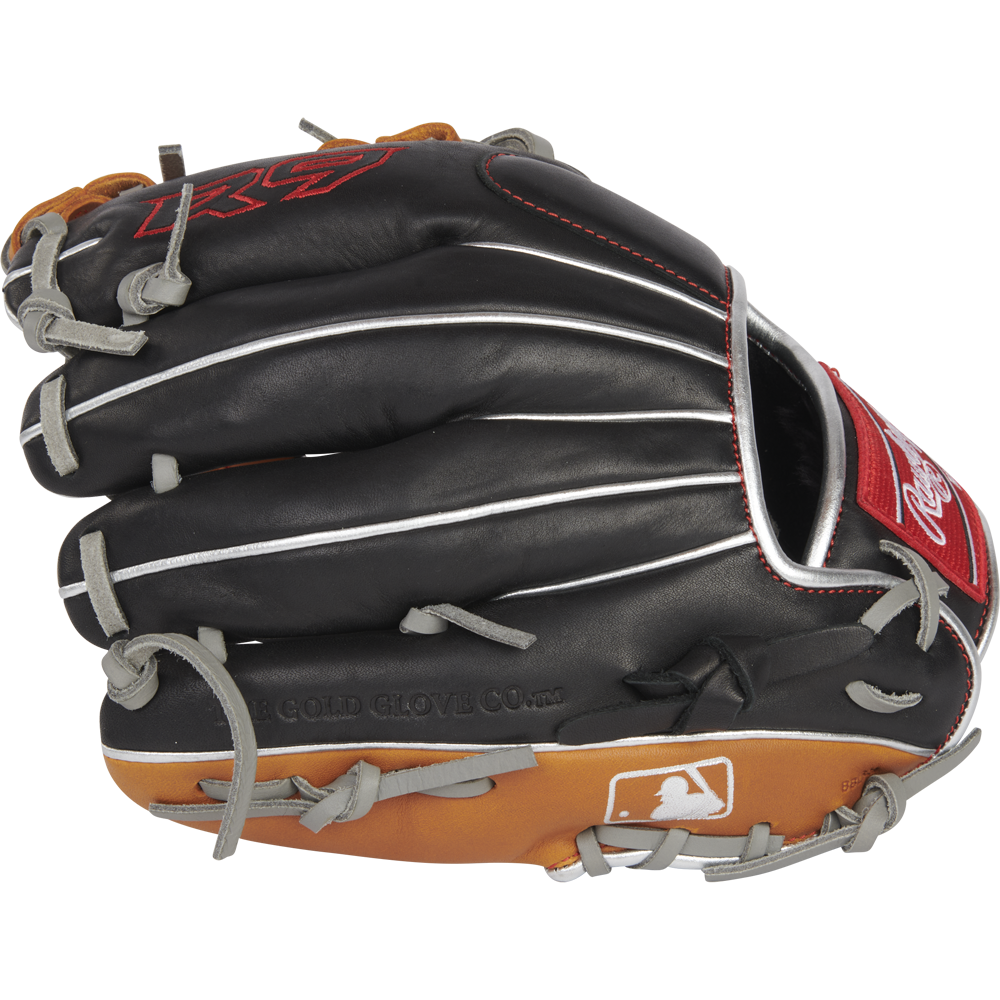 The Rawlings R9 11.25" ContoUR Baseball Glove (R91125U-2BT) features a black and brown design with gray laces, white stitching, a red Rawlings patch, and the MLB logo on the wrist strap—ideal for young infielders.