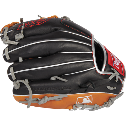 The Rawlings R9 11.25" ContoUR Baseball Glove (R91125U-2BT) features a black and brown design with gray laces, white stitching, a red Rawlings patch, and the MLB logo on the wrist strap—ideal for young infielders.