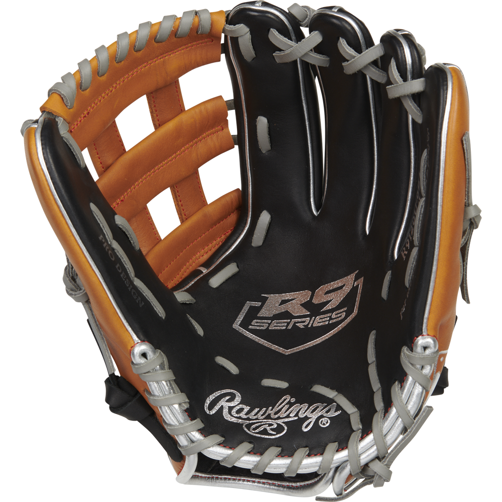 The Rawlings R9 12" ContoUR Baseball Glove (R9120U-6BT) is black and brown with gray laces, featuring R9 Series and Rawlings logos on the palm. The glove is shown open, displaying its inner side and webbing.