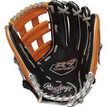 The Rawlings R9 12" ContoUR Baseball Glove (R9120U-6BT) is black and brown with gray laces, featuring R9 Series and Rawlings logos on the palm. The glove is shown open, displaying its inner side and webbing.