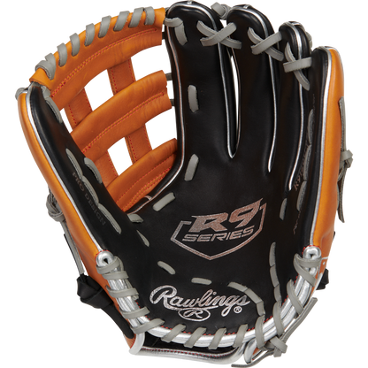 The Rawlings R9 12" ContoUR Baseball Glove (R9120U-6BT) is black and brown with gray laces, featuring R9 Series and Rawlings logos on the palm. The glove is shown open, displaying its inner side and webbing.