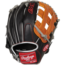 The Rawlings R9 12" ContoUR Baseball Glove (R9120U-6BT) features black and brown leather, gray laces, red Rawlings branding, and a "Rawlings Est. 1887" patch on the wrist strap.