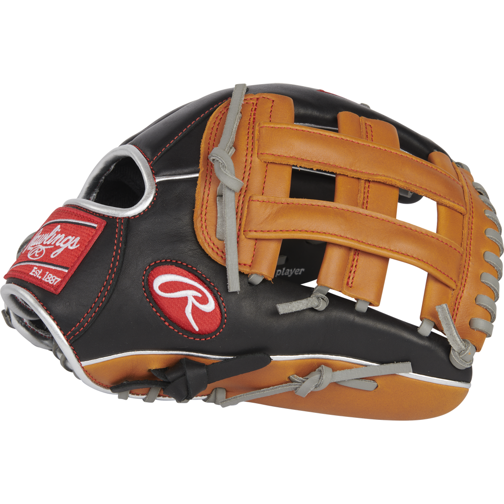 A close-up of the Rawlings R9 12" ContoUR Baseball Glove (R9120U-6BT), a youth infield/outfield glove featuring black, brown, and tan leather, white stitching, red Rawlings logos, woven web, and grey laces.