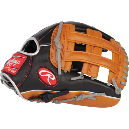 A close-up of the Rawlings R9 12" ContoUR Baseball Glove (R9120U-6BT), a youth infield/outfield glove featuring black, brown, and tan leather, white stitching, red Rawlings logos, woven web, and grey laces.