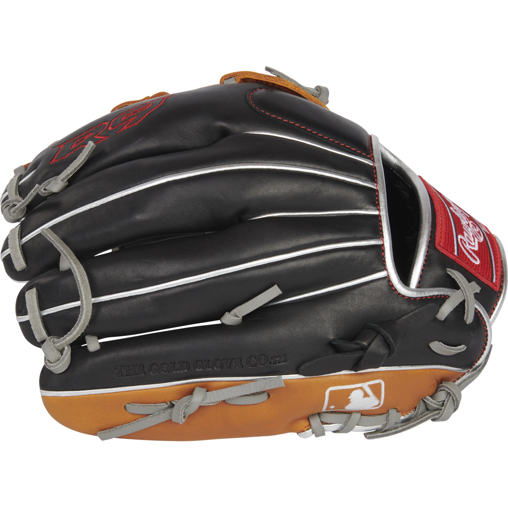 The Rawlings R9 12" ContoUR Baseball Glove (R9120U-6BT) features a black and tan design with white and gray laces, a red and white patch, MLB logo on the wrist, and "THE GOLD GLOVE CO." stamped on the side.