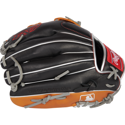 The Rawlings R9 12" ContoUR Baseball Glove (R9120U-6BT) features a black and tan design with white and gray laces, a red and white patch, MLB logo on the wrist, and "THE GOLD GLOVE CO." stamped on the side.