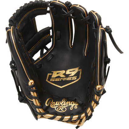 The Rawlings R9 11.5" Baseball Glove (R9204-2BG) is black with gold stitching and accents, featuring the R9 Series logo on the palm and the Rawlings logo near the wrist.