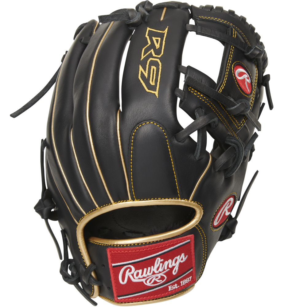 The Rawlings R9 11.5" Baseball Glove (R9204-2BG) is a black, game-ready youth glove with red and black stitching, designed by Rawlings.