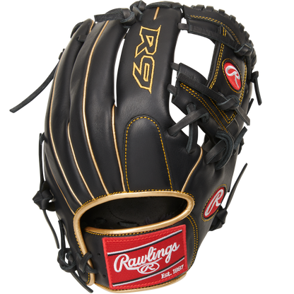 The Rawlings R9 11.5" Baseball Glove (R9204-2BG) is a black, game-ready youth glove with red and black stitching, designed by Rawlings.