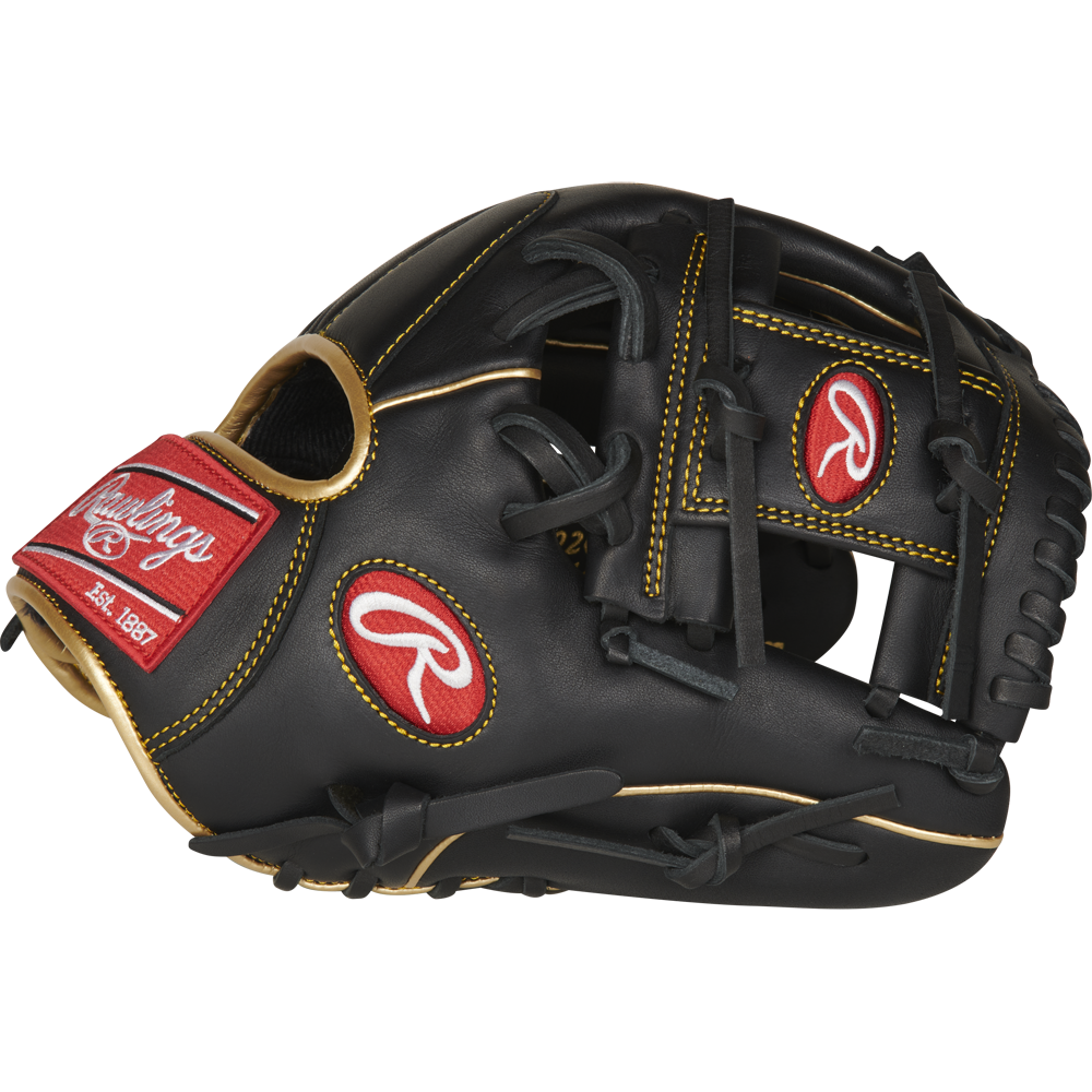 The Rawlings R9 11.5" Baseball Glove (R9204-2BG) features black leather, tan stitching, and red Rawlings logos on the wrist strap and thumb, shown from the side against a white background.