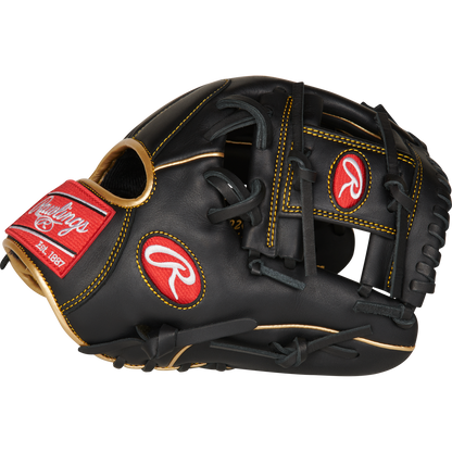 The Rawlings R9 11.5" Baseball Glove (R9204-2BG) features black leather, tan stitching, and red Rawlings logos on the wrist strap and thumb, shown from the side against a white background.