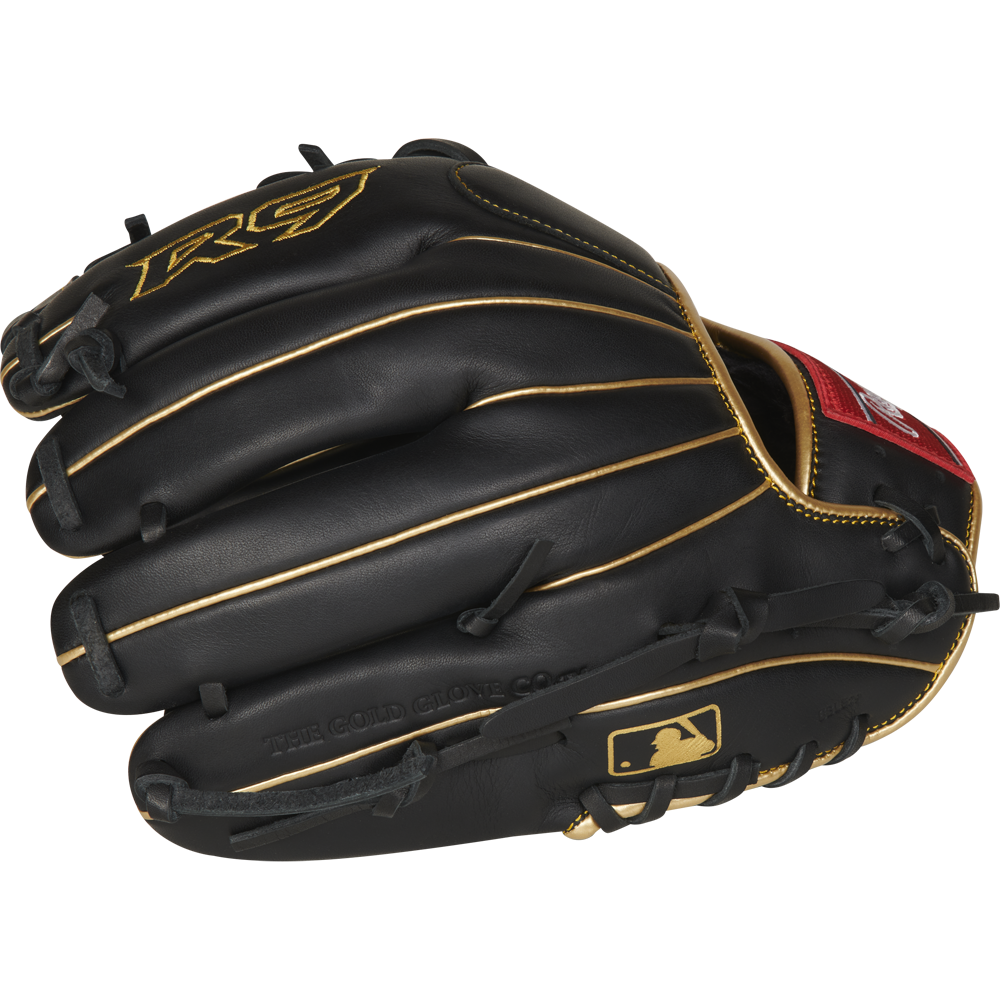 The Rawlings R9 11.5" Baseball Glove (R9204-2BG) features a black design with gold trim and stitching, an R9 logo on the thumb, MLB logo patch near the wrist, and is game-ready—perfect for young players.