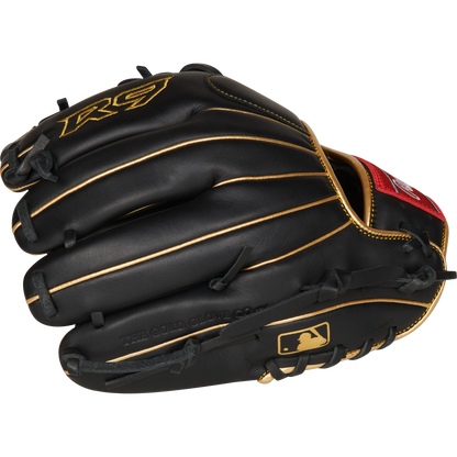 The Rawlings R9 11.5" Baseball Glove (R9204-2BG) features a black design with gold trim and stitching, an R9 logo on the thumb, MLB logo patch near the wrist, and is game-ready—perfect for young players.