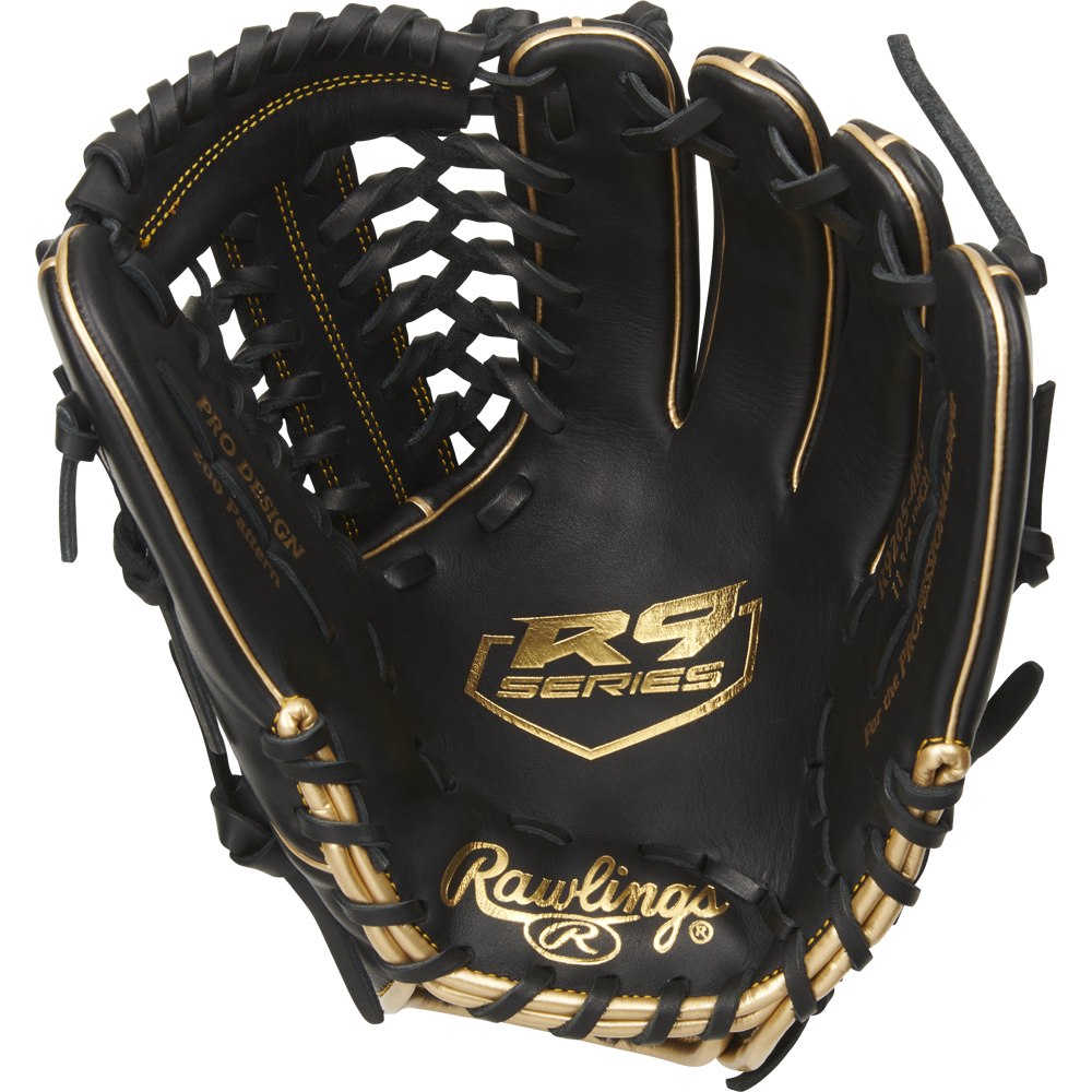 The Rawlings R9 11.75" Baseball Glove (R9205-4BG) features black and tan all-leather shells, gold stitching and laces, plus the Rawlings logo and “R9 Series” branding on the palm.