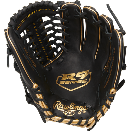 The Rawlings R9 11.75" Baseball Glove (R9205-4BG) features black and tan all-leather shells, gold stitching and laces, plus the Rawlings logo and “R9 Series” branding on the palm.