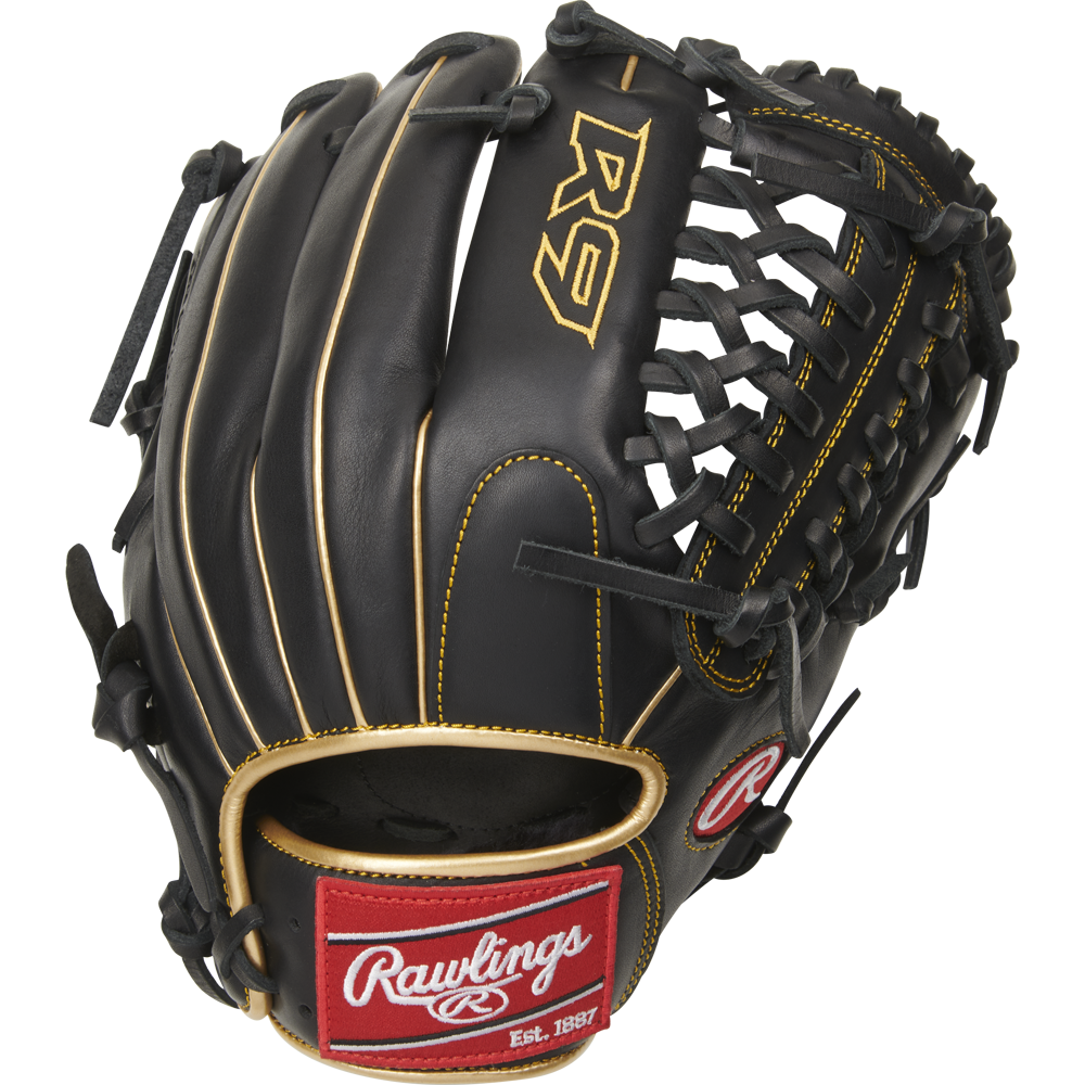 The Rawlings R9 11.75" Baseball Glove (R9205-4BG) features a black design with tan laces, yellow stitching, a red Rawlings wrist patch, and all-leather construction—perfect for youth players seeking durability and quality craftsmanship.