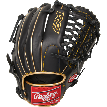 The Rawlings R9 11.75" Baseball Glove (R9205-4BG) features a black design with tan laces, yellow stitching, a red Rawlings wrist patch, and all-leather construction—perfect for youth players seeking durability and quality craftsmanship.