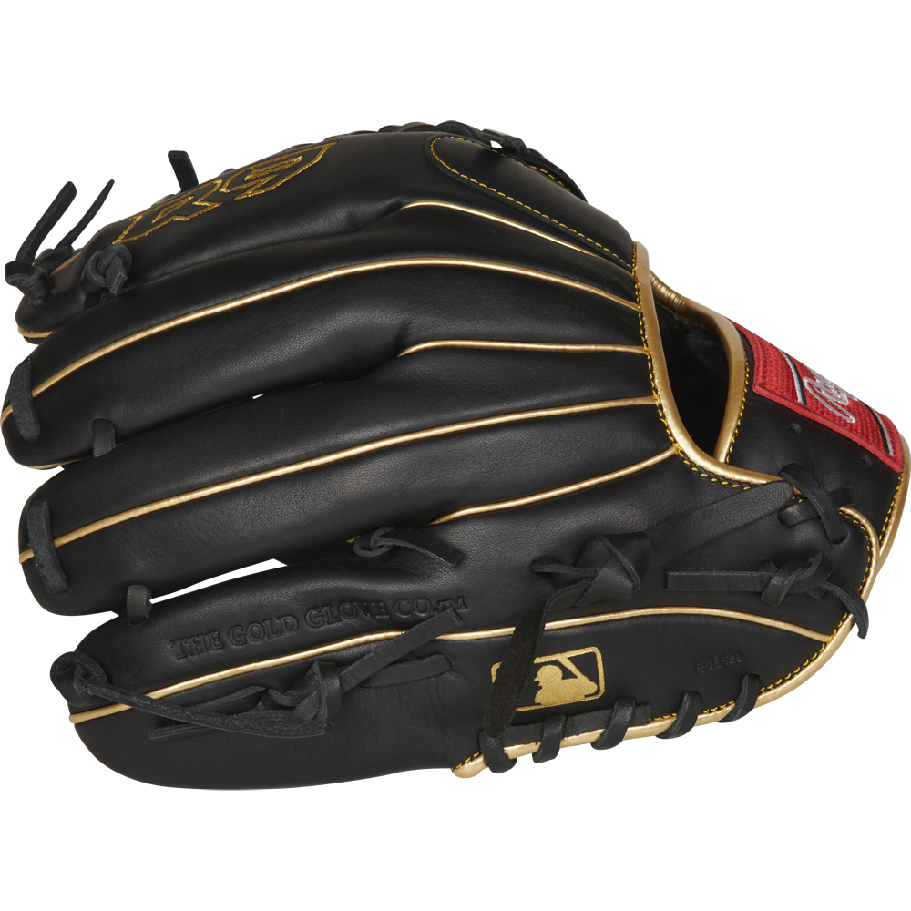 The Rawlings R9 11.75" Baseball Glove (R9205-4BG) features an all-black leather shell, gold stitching and accents, a red Rawlings logo patch, and "THE GOLD GLOVE CO." embossed on the thumb—ideal for dedicated fans.