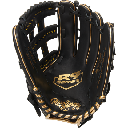 The Rawlings R9 12.75" Baseball Glove: R93029-6BG is a black leather glove with tan laces and gold stitching, shown open with the palm facing up and featuring Rawlings branding inside.