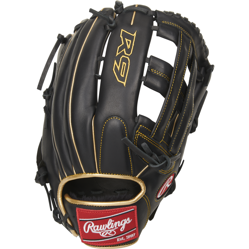The Rawlings R9 12.75" Baseball Glove (R93029-6BG) features black leather, tan lacing, gold stitching, and “R9” embroidery. A red patch displays the Rawlings logo with "Est. 1887," and it’s game-ready right out of the box.