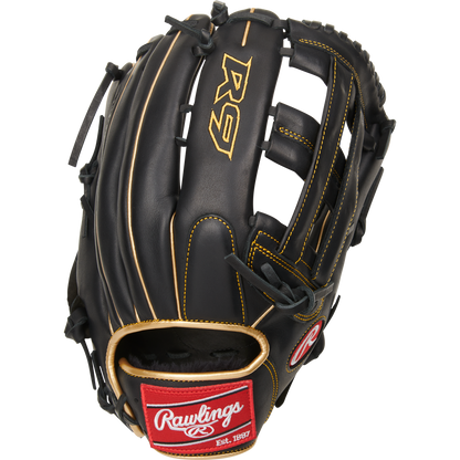 The Rawlings R9 12.75" Baseball Glove (R93029-6BG) features black leather, tan lacing, gold stitching, and “R9” embroidery. A red patch displays the Rawlings logo with "Est. 1887," and it’s game-ready right out of the box.