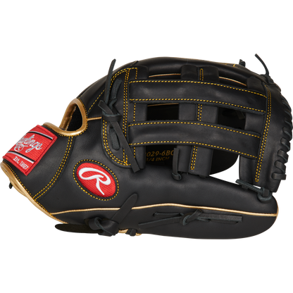 The Rawlings R9 12.75" Baseball Glove (R93029-6BG) features black leather with tan stitching and laces, plus red Rawlings logos on the thumb and wrist. This game-ready glove offers premium comfort and durability against a white background.