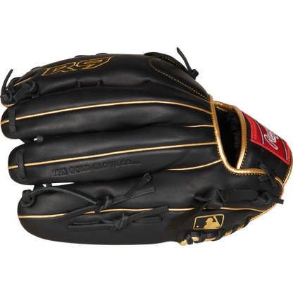 The Rawlings R9 12.75" Baseball Glove (R93029-6BG) features black leather with gold stitching and trim, a red wrist patch, gold MLB logo on the thumb, and "THE GOLD GLOVE CO." embossed on the palm for a premium feel.