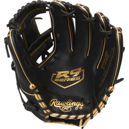The Rawlings R9 11.5" Baseball Glove (R9314-2BG) features a black design with gold trim and stitching, RS Series logo on the palm, and Rawlings branding near the wrist. The glove is open, displaying its interior details and lacing.