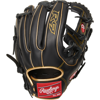 The Rawlings R9 11.5" Baseball Glove (R9314-2BG), black with tan laces and gold R9 logo, plus a red Rawlings patch by the wrist, stands upright against a white background.