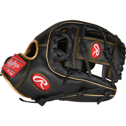 The Rawlings R9 11.5" Baseball Glove (R9314-2BG) features black leather with tan stitching and red Rawlings logos on the thumb and wrist, shown against a white background—ideal for players seeking a premium glove.