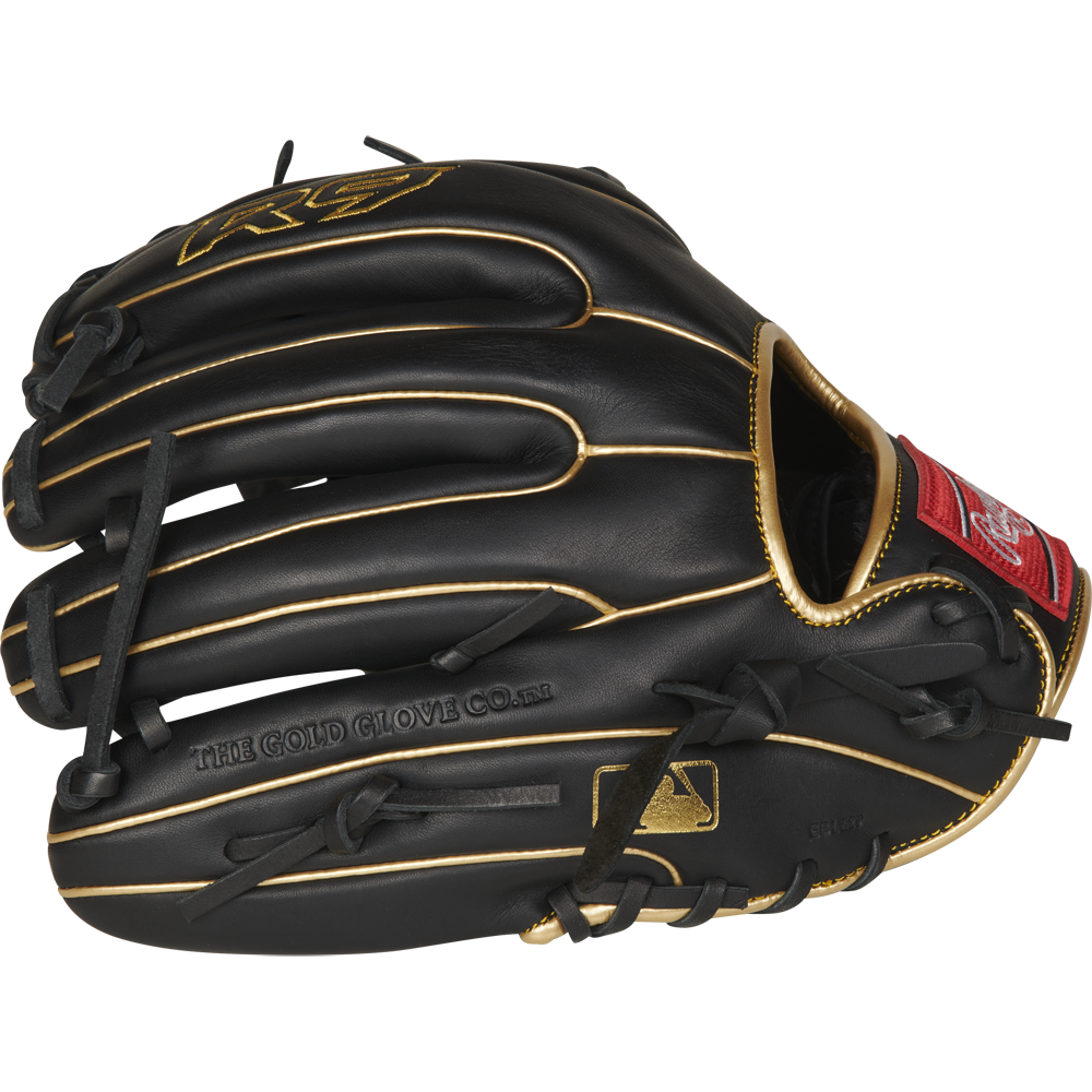 The Rawlings R9 11.5" Baseball Glove (R9314-2BG) in black features gold stitching and accents, a red patch, and "THE GOLD GLOVE CO." embossed on the side—making it a standout youth glove. Shown on a white background.