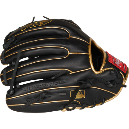The Rawlings R9 11.5" Baseball Glove (R9314-2BG) in black features gold stitching and accents, a red patch, and "THE GOLD GLOVE CO." embossed on the side—making it a standout youth glove. Shown on a white background.