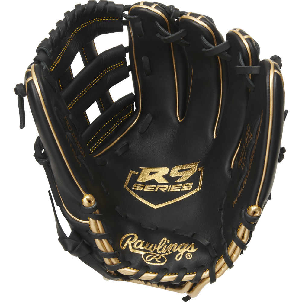 The Rawlings R9 11.75" Baseball Glove (R9315-6BG) features a black design with gold accents and stitched logos on the palm and wrist—an excellent pick for quality youth baseball gloves.