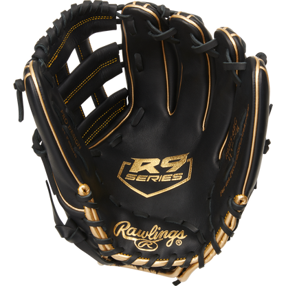 The Rawlings R9 11.75" Baseball Glove (R9315-6BG) features a black design with gold accents and stitched logos on the palm and wrist—an excellent pick for quality youth baseball gloves.