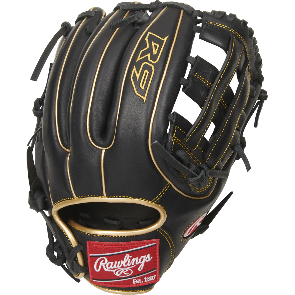 The Rawlings R9 11.75" Baseball Glove (R9315-6BG) is a youth glove in black with tan stitching and laces, gold R9 embroidery, a red Rawlings wrist patch, and an open web design for top performance.