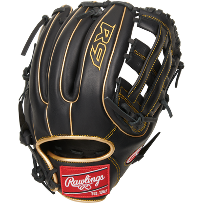 The Rawlings R9 11.75" Baseball Glove (R9315-6BG) is a youth glove in black with tan stitching and laces, gold R9 embroidery, a red Rawlings wrist patch, and an open web design for top performance.