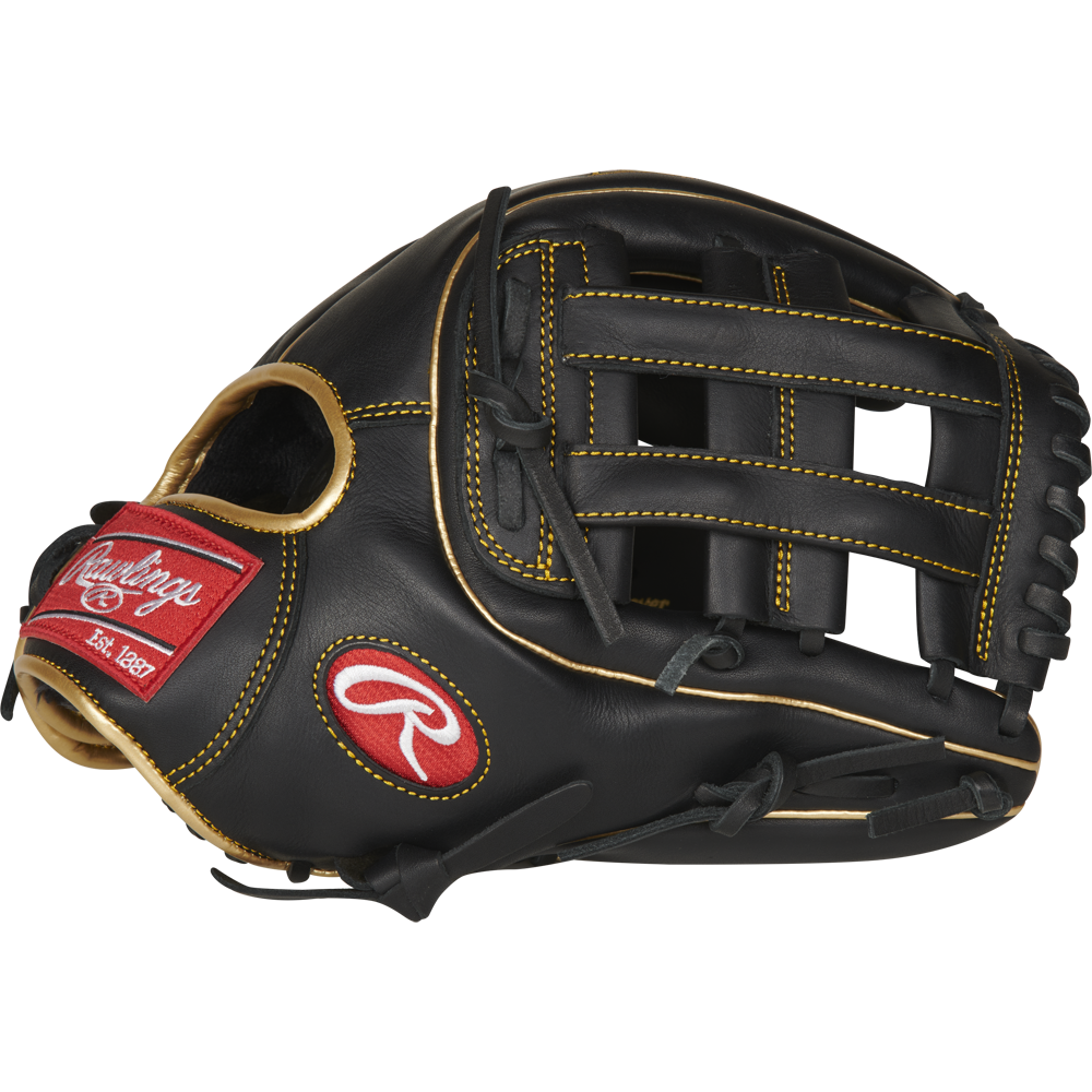 The Rawlings R9 11.75" Baseball Glove (R9315-6BG) in black with tan laces, yellow stitching, and red Rawlings logos is displayed from the side against a plain white background.