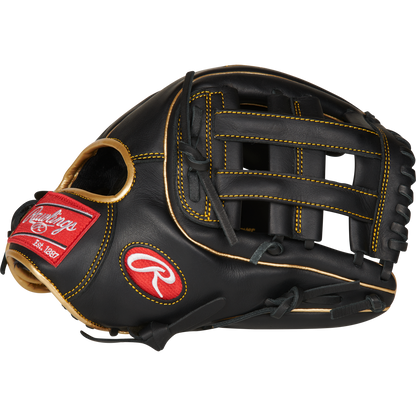 The Rawlings R9 11.75" Baseball Glove (R9315-6BG) in black with tan laces, yellow stitching, and red Rawlings logos is displayed from the side against a plain white background.