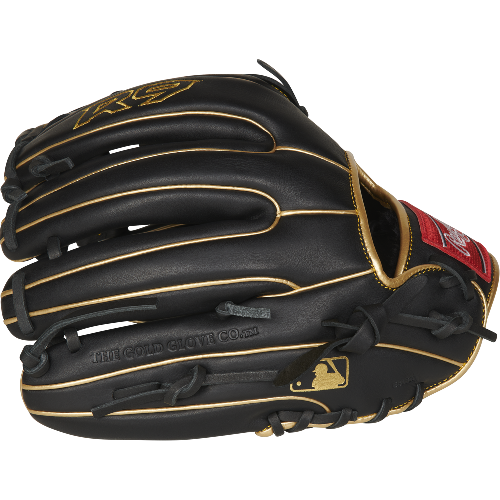 The Rawlings R9 11.75" Baseball Glove (R9315-6BG) features a black design with tan laces, red patch, gold MLB logo, and "THE GOLD GLOVE CO." embossed on the palm—ideal for youth players seeking quality and performance.