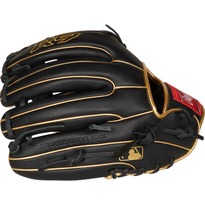 The Rawlings R9 11.75" Baseball Glove (R9315-6BG) features a black design with tan laces, red patch, gold MLB logo, and "THE GOLD GLOVE CO." embossed on the palm—ideal for youth players seeking quality and performance.