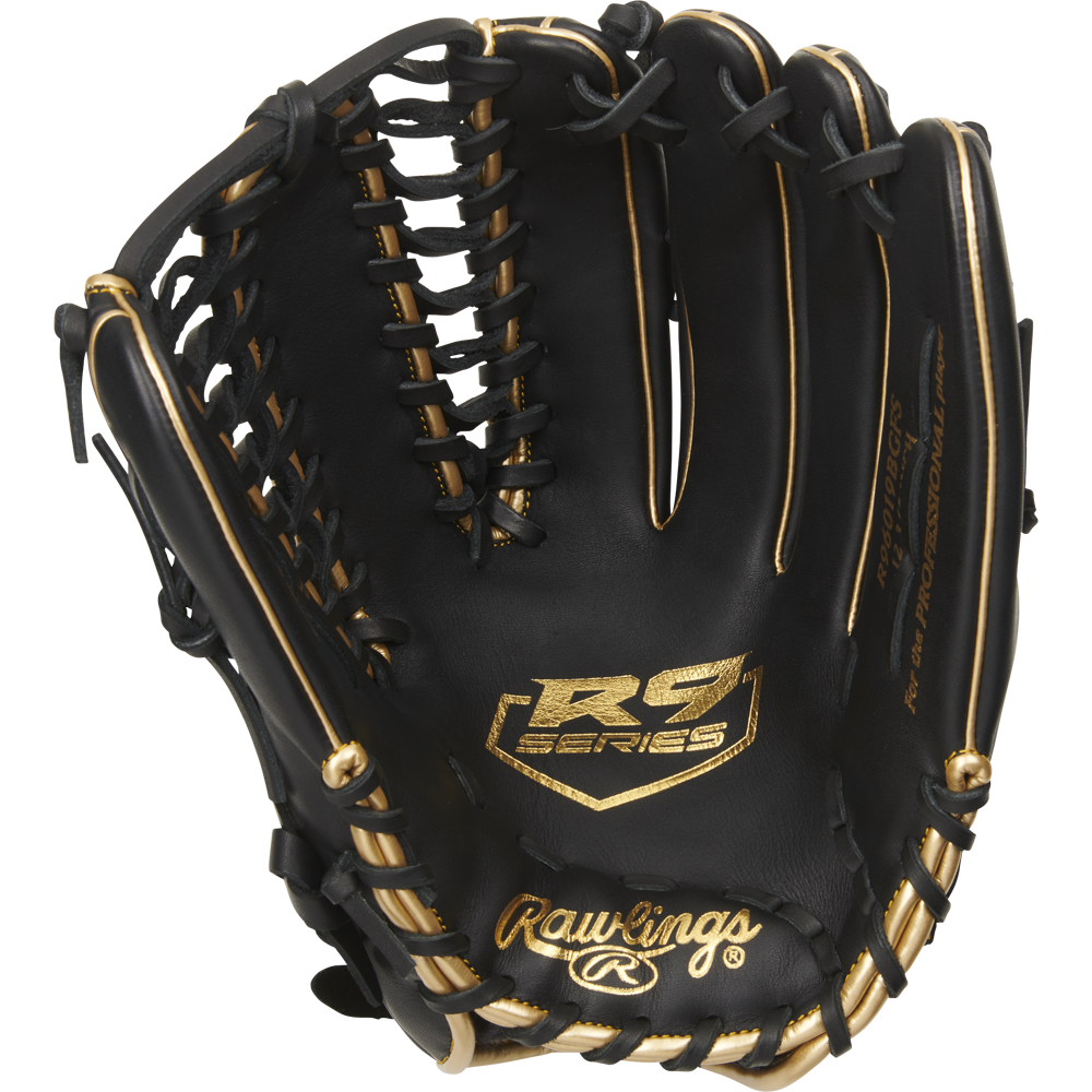 The Rawlings R9 12.75" Baseball Glove (R96019BGFS) is a black glove with gold accents and stitching, featuring Rawlings branding—ideal for players seeking top-quality youth baseball gloves.
