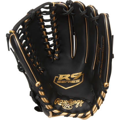 The Rawlings R9 12.75" Baseball Glove (R96019BGFS) is a black glove with gold accents and stitching, featuring Rawlings branding—ideal for players seeking top-quality youth baseball gloves.