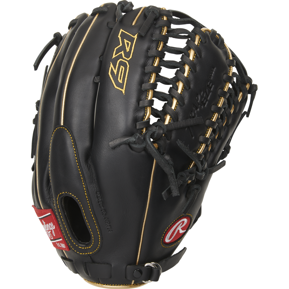 The Rawlings R9 12.75" Baseball Glove (R96019BGFS) features a black design with tan laces, a red Rawlings logo patch, and gold “R9” embroidery—perfect for those seeking high-quality youth baseball gloves.