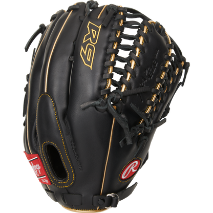 The Rawlings R9 12.75" Baseball Glove (R96019BGFS) features a black design with tan laces, a red Rawlings logo patch, and gold “R9” embroidery—perfect for those seeking high-quality youth baseball gloves.