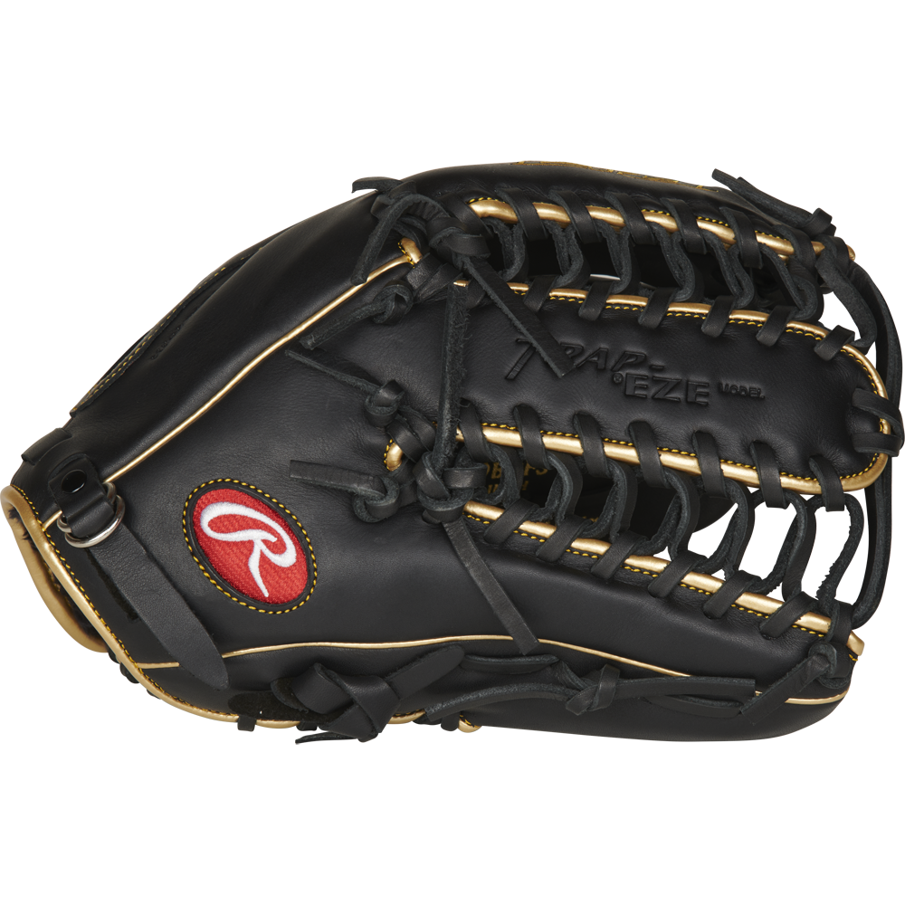 The Rawlings R9 12.75" Baseball Glove (R96019BGFS) features black leather, tan lacing, and a red Rawlings logo patch—perfect for youth baseball players. Displayed against a white background.